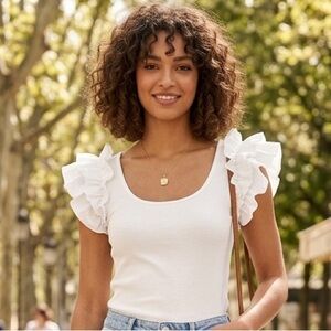 Women’s White Ruffle Sleeve Scoop Neck Top